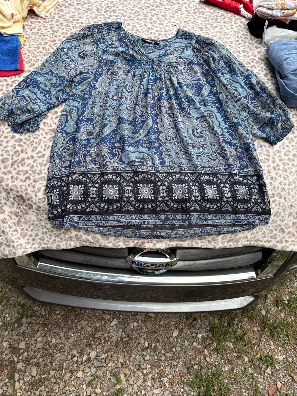 Ana Size Large Blue Paisley 3/4 Sleeve Sheer Blouse Boho Hippie